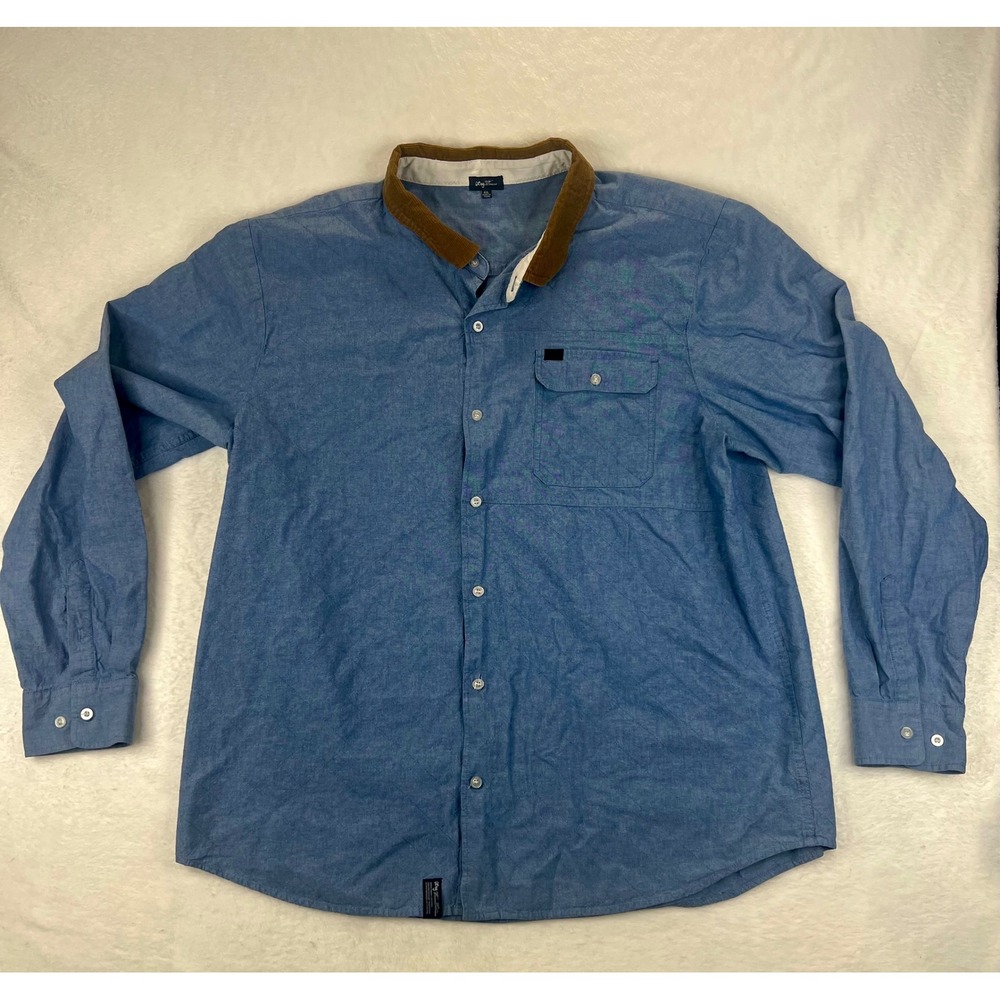 Lrg‎ Wovens Mens 4XL Blue Button Down Shirt Brown Collar Long Sleeve